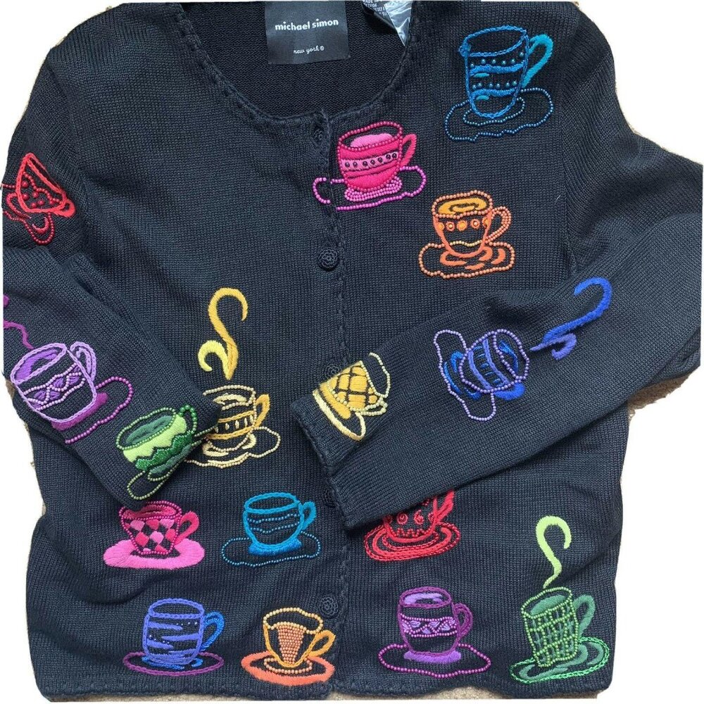 Michael Simon Cardigan Tea Party Elegant Cup Sweater Beaded Art to Wear Sz Large